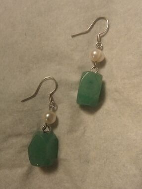 Handmade Green Stone and Pearl Drop Earrings